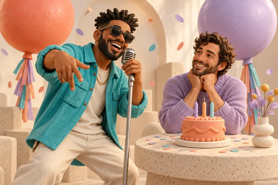 3D illustration of friends celebrating a birthday with a rap