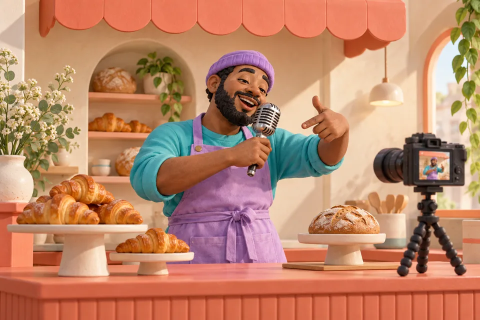 3D illustration of a bakery owner recording a rap about the business