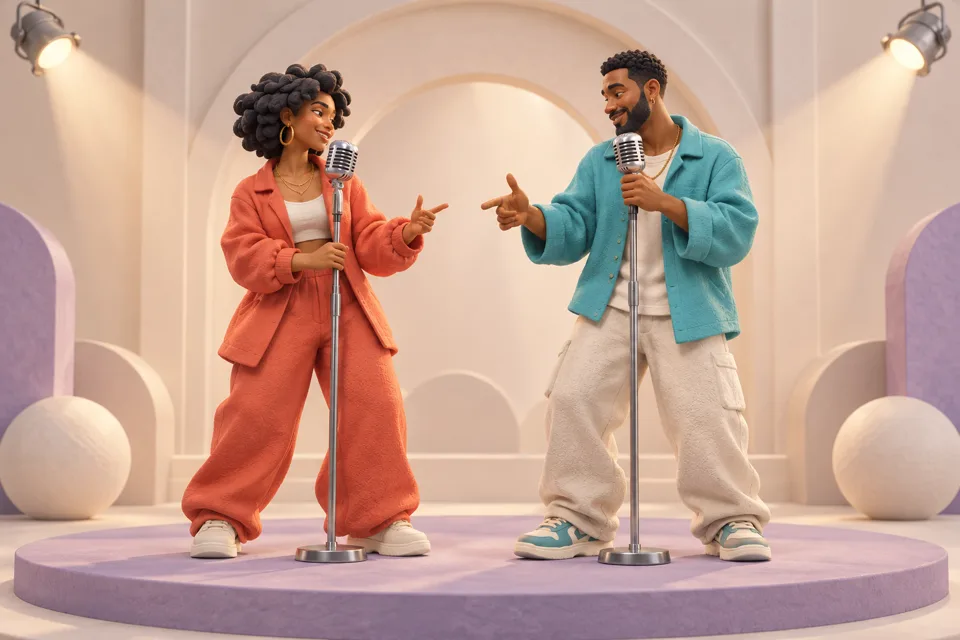 3D illustration of two performers trading verses on stage