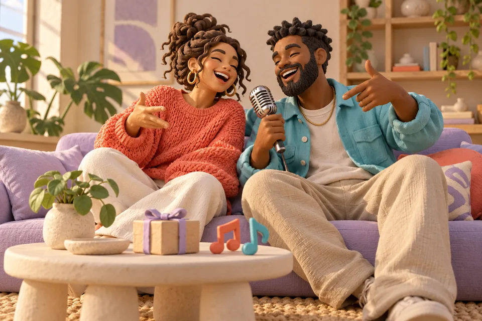 3D illustration of friends sharing a laugh and a rap gift