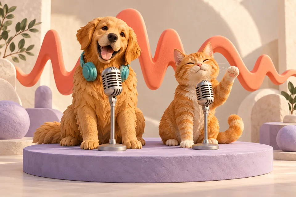 3D illustration of a dog and cat performing at microphones