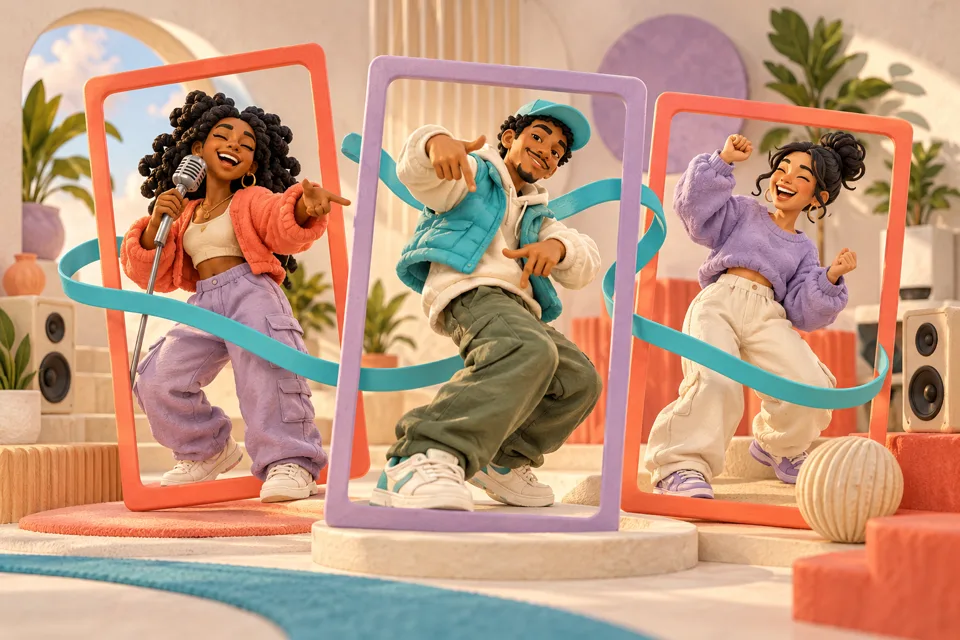 3D illustration of creators remixing a trend in three video frames