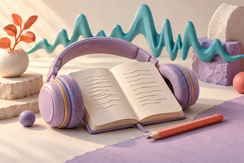 3D illustration of headphones, lyric notes and an audio waveform