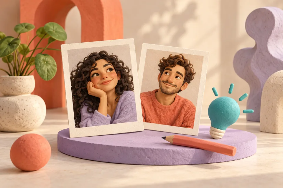 3D illustration of personal portrait photos and a creative idea