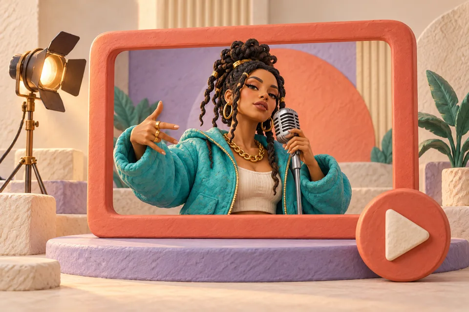 3D illustration of a performer inside a finished video frame